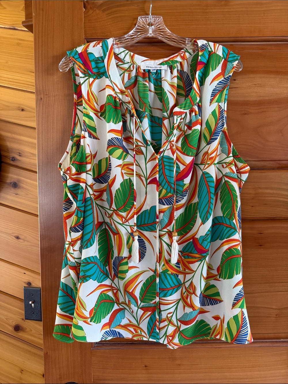 Rose & Olive Multicolor Tropical Print Top — White, Green, Orange, Teal